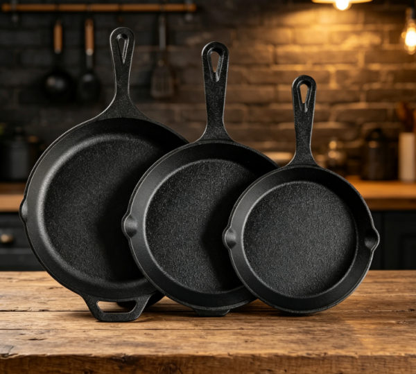 Cast Iron Frying Pan 3 Piece Set, Pre Seasoned, Chef Grade Quality