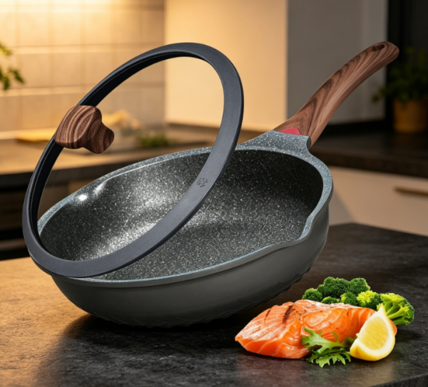 Deep Frying Pan/Wok With Lid, Ceramic Coating, Heat Indicator