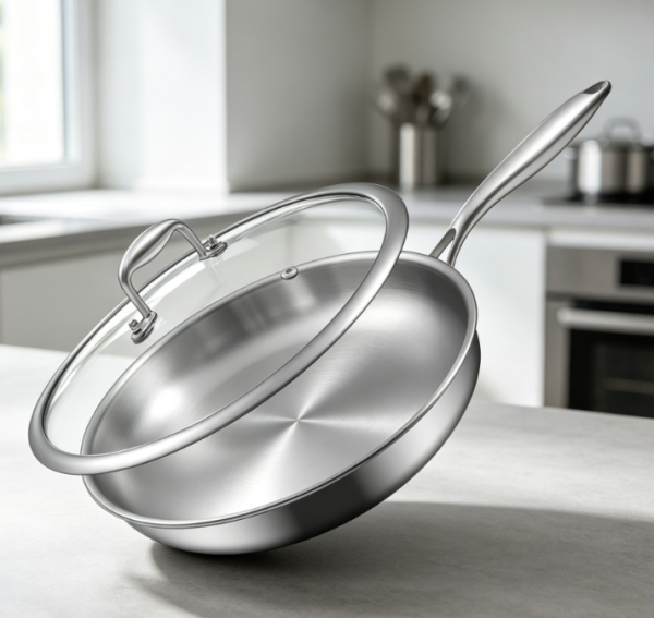 Tri Ply Stainless Steel Frying Pan With Lid, High Heat Compatible